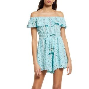 BAROK PARIS Eyelet Ruffle Off The Shoulder Romper In Aqua shiny elastic waist M